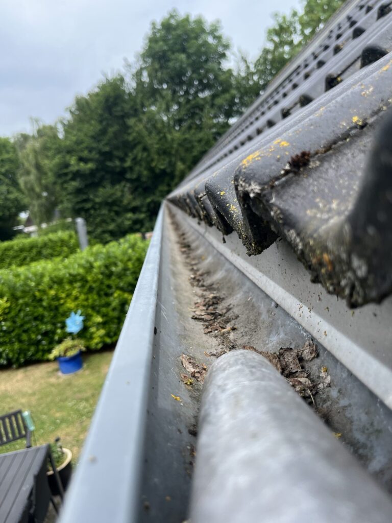 Snavset tagrende på villa før tagrenderensning